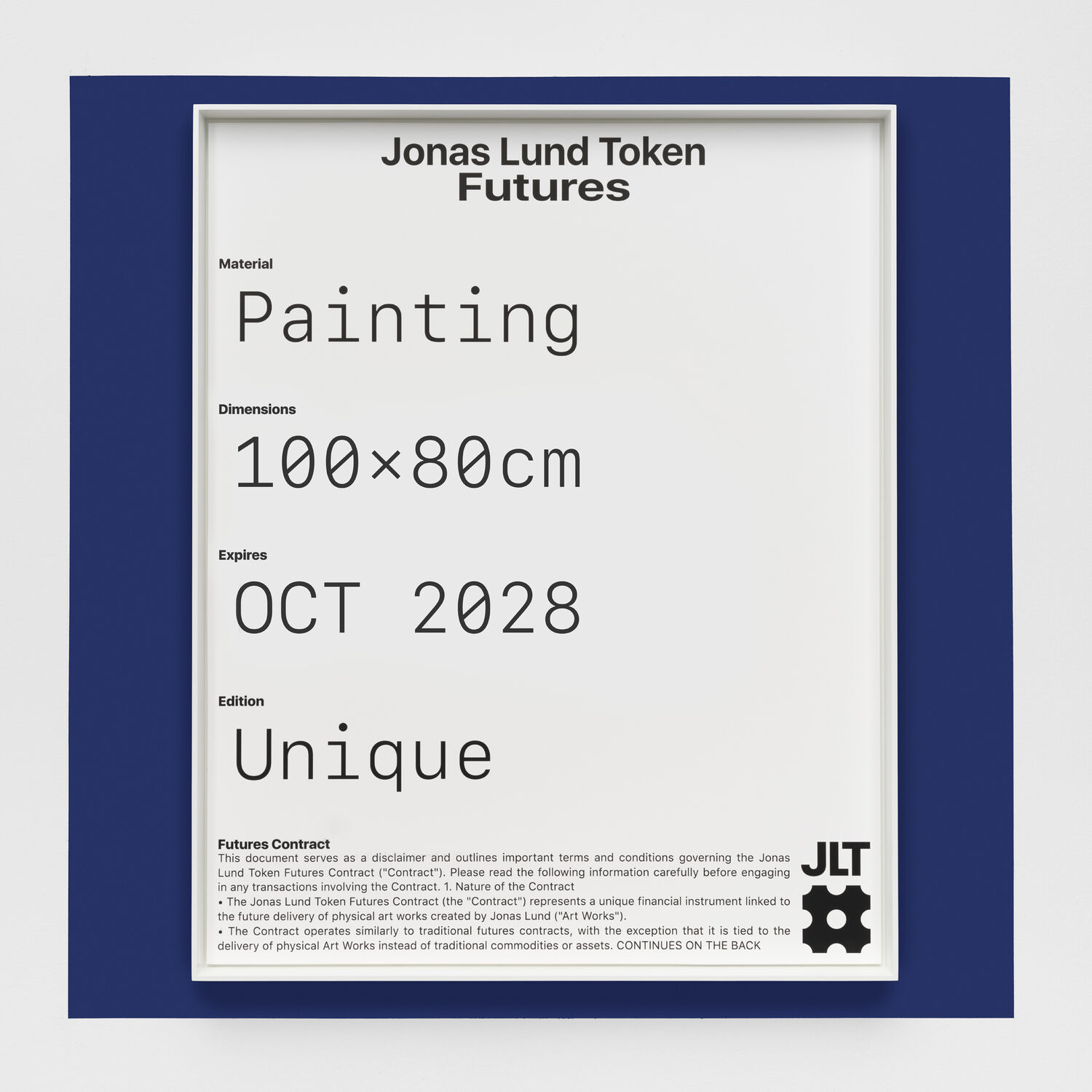 Jonas Lund JLT Futures , 2024 Contract, Inkjet Print, Custom frame, Painted square 100 x 80 cm