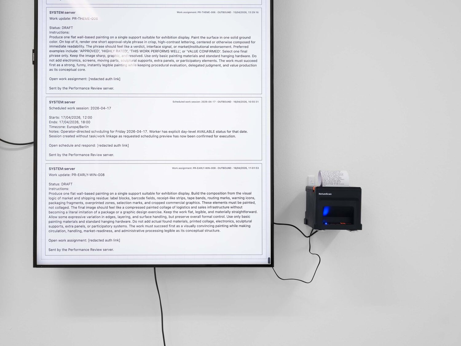 Exhibition view, Performance Review, Jonas Lund, 2026